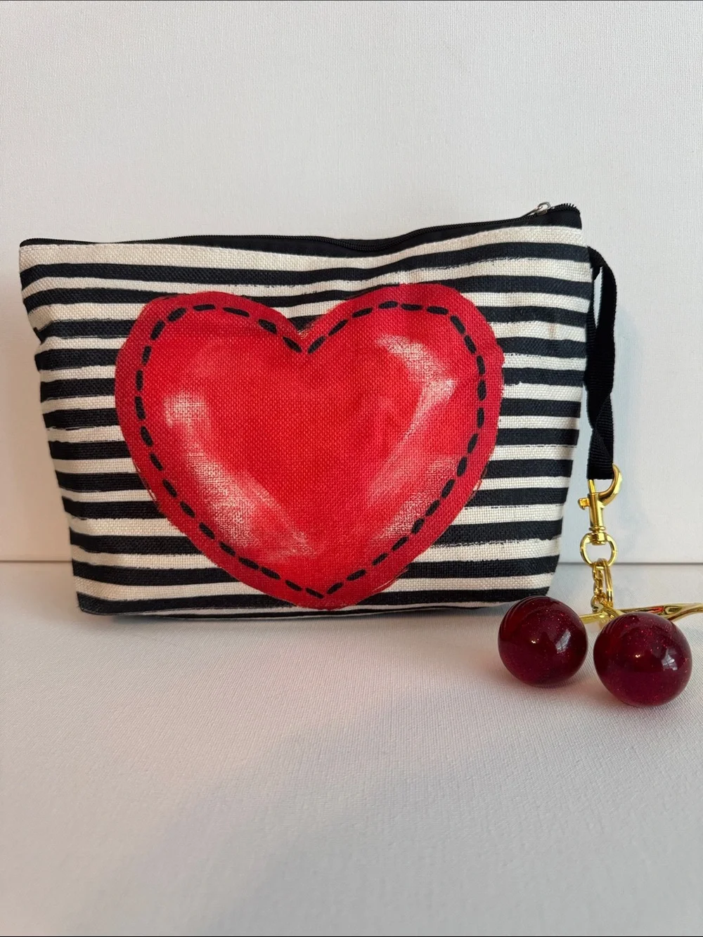Heart Cosmetic Bag & Red Cherry Charm